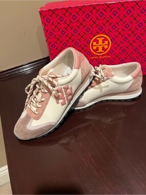 Tory Burch Pink and Cream Suede-Trim Lace-Up Sneakers